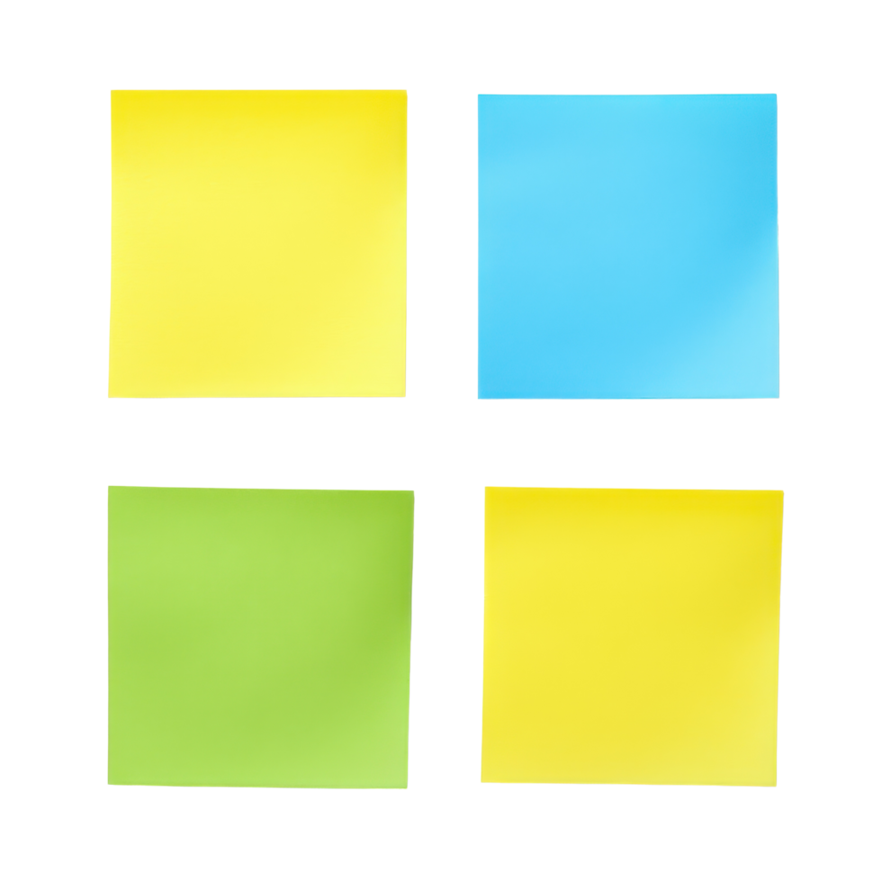 Colorful sticky notes in yellow, blue, green, and red arranged in a square pattern on a Transparent background, Yellow, blue, red, green sticky note isolated on background png