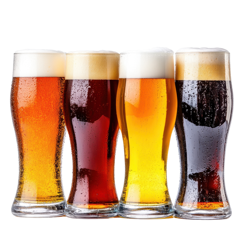 Varieties of beer showcase with frothy heads on a clean Transparent background, Multiple beers isolated on background png