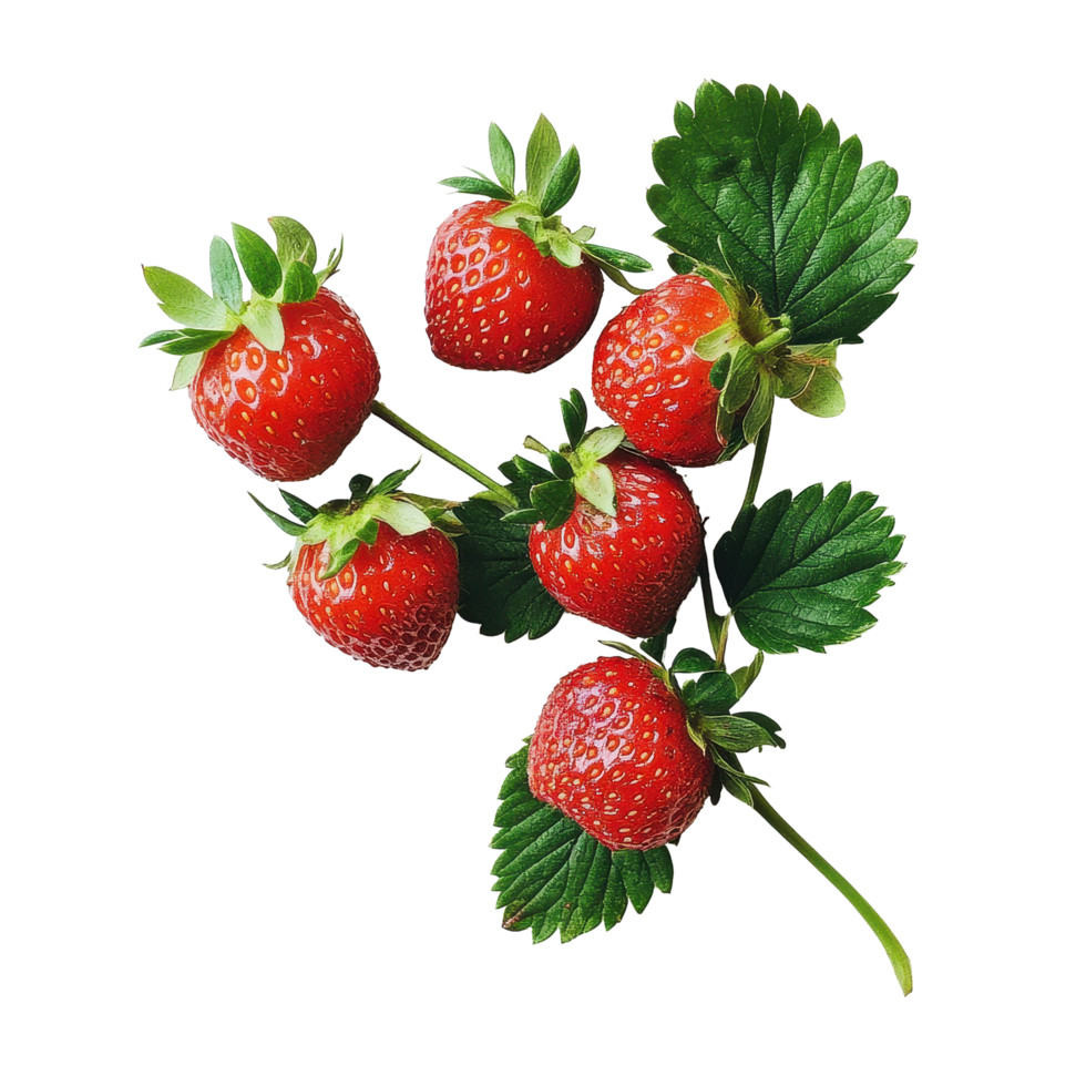 Fresh red strawberries with green leaves on a clean Transparent background ready for dessert, Red Strawberries with Leaves, background png