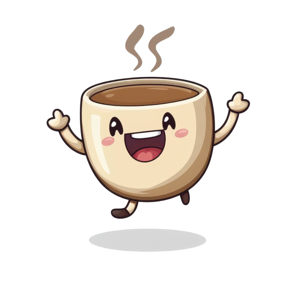 Joyful cartoon coffee cup character jumping with excitement on Transparent background, Joyful Coffee Cup Cartoon Character Jumping on background png