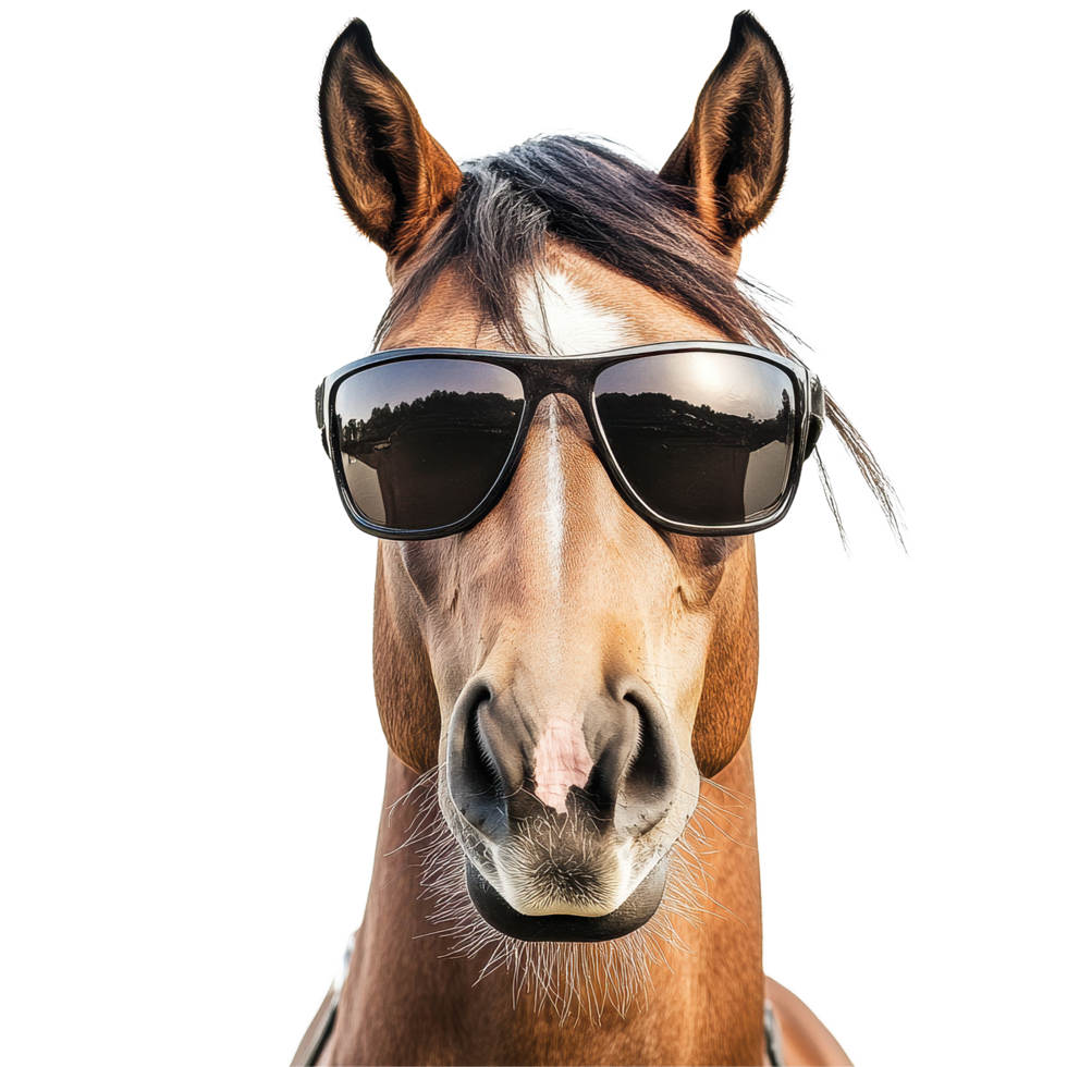 Funny horse wearing sunglasses striking a stylish pose against a plain background, Funny horse wearing sunglasses on white background png