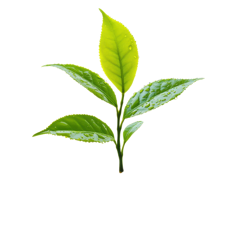 Fresh tea leaf with water droplet on a pristine Transparent background showcasing natures beauty and detail, tea leaf with drop water on background png