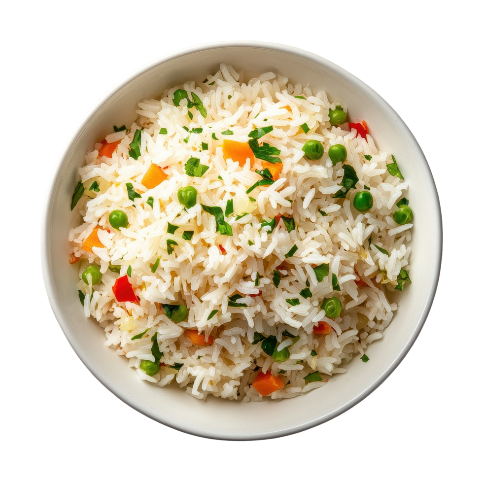 Cooked jasmine rice with colorful vegetables in a white bowl on a plain light background, Cooked Jasmin Rice in white bowl on Transparent background png