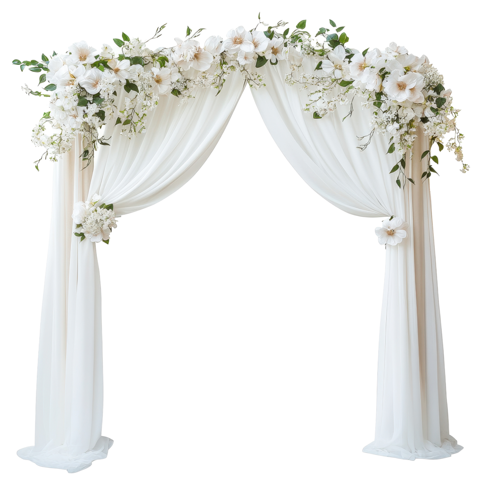 Draped wedding arch with spring flowers and delicate white fabric for elegant ceremonies, Draped wedding arch with spring flowers and white fabric isolated on Transparent background png