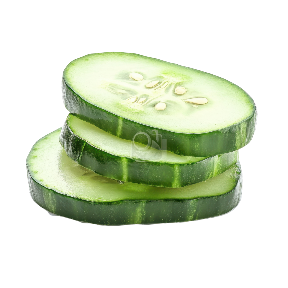Fresh cucumber slices stacked against a clean white background, perfect for salads and garnishes, Fresh cucumber sliceisolated on white background png