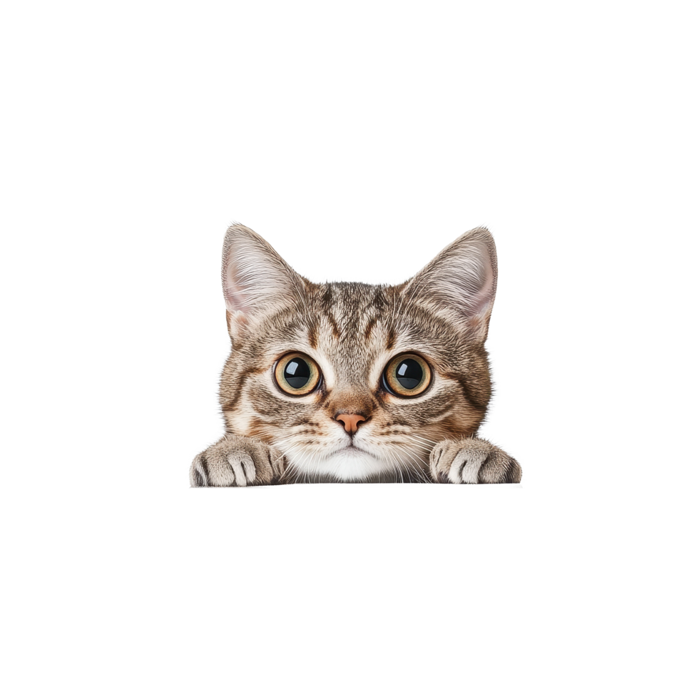 Curious cat peeking over a white top table against a minimalist white background, Cat Peeking Over white top table White background png