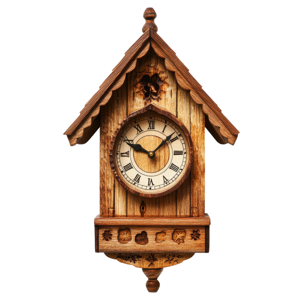 Traditional wooden cuckoo clock displayed in a minimalist setting on a white wall, traditional wooden cuckoo clock on a minimalist Transparent background png