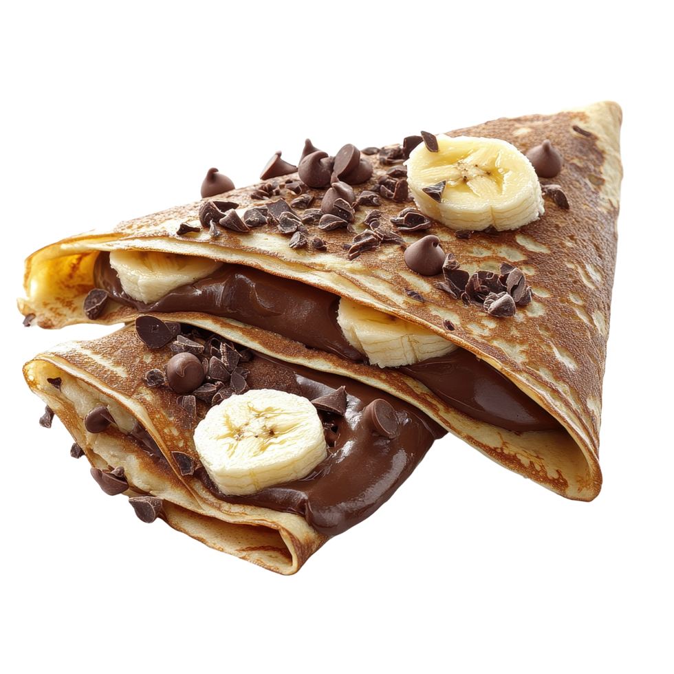 Delicious chocolate banana crepes served on a simple white background for an inviting dessert experience, Chocolate Banana Crepes On white background png