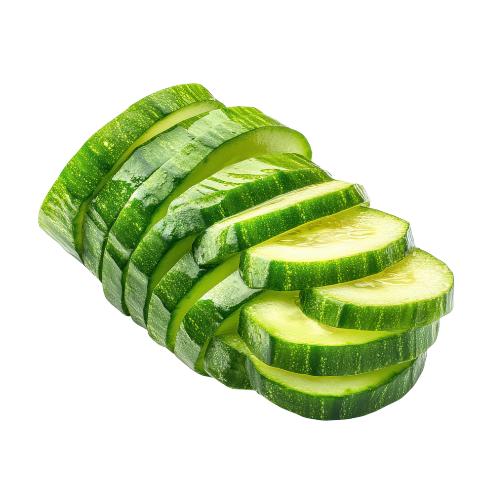 Freshly sliced cucumber arranged neatly on a clean Transparent background, Sliced cucumber isolated on background png