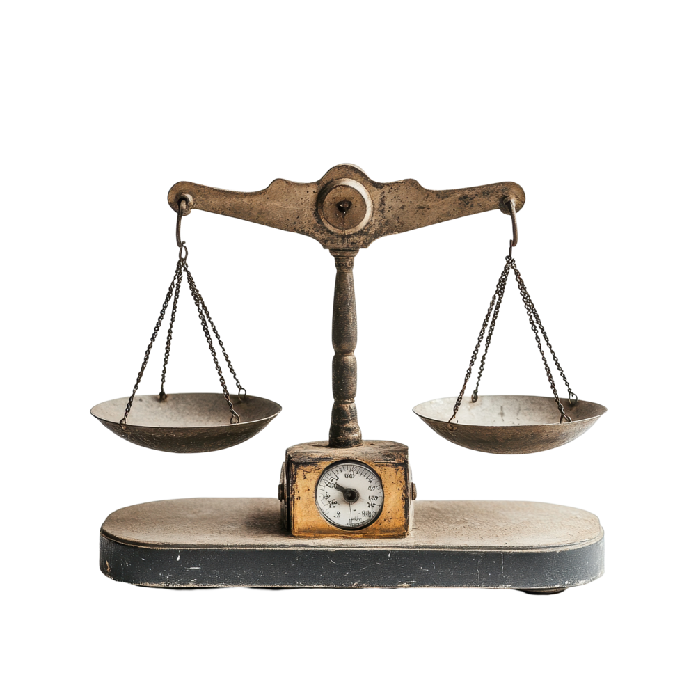 Vintage scale with a pair of weighing pans on a simple Transparent background showcasing classic design, scale with a pair scales on it, background png
