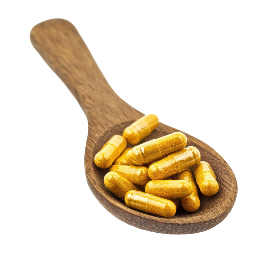 Turmeric capsules resting in a wooden spoon on a Transparent background for natural health remedies, Turmeric Capsule in wood spoon isolated on background png