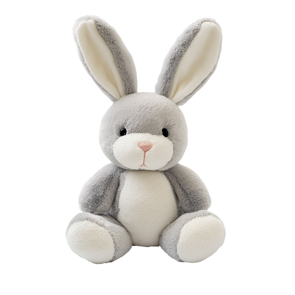 Soft gray bunny stuffed animal sitting upright on a white background for a clean and simple aesthetic, Bunny stuffed animal isolated on white background png