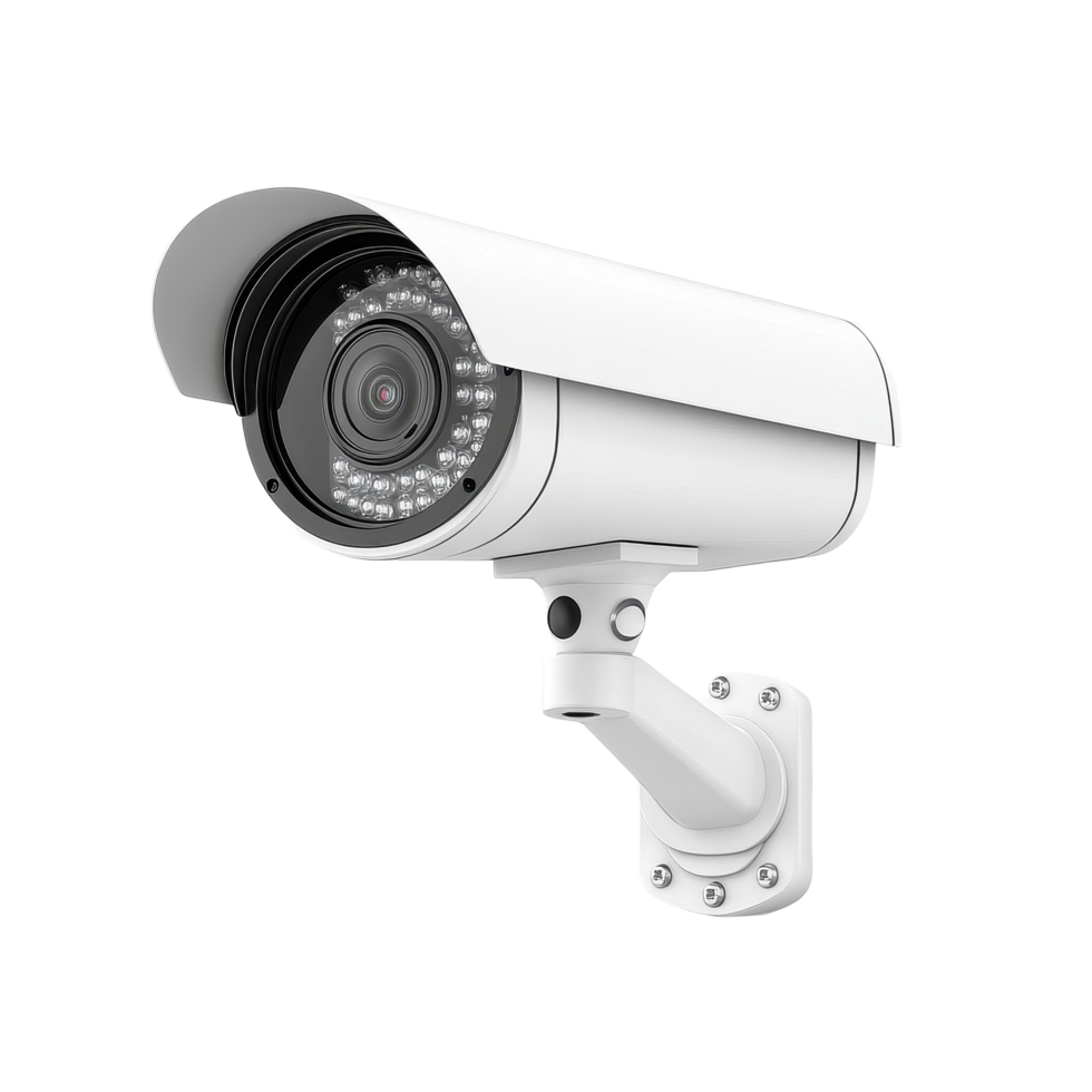 Surveillance camera mounted on a wall in a minimalist setting to enhance security measures, Surveillance camera isolated on Transparent background png