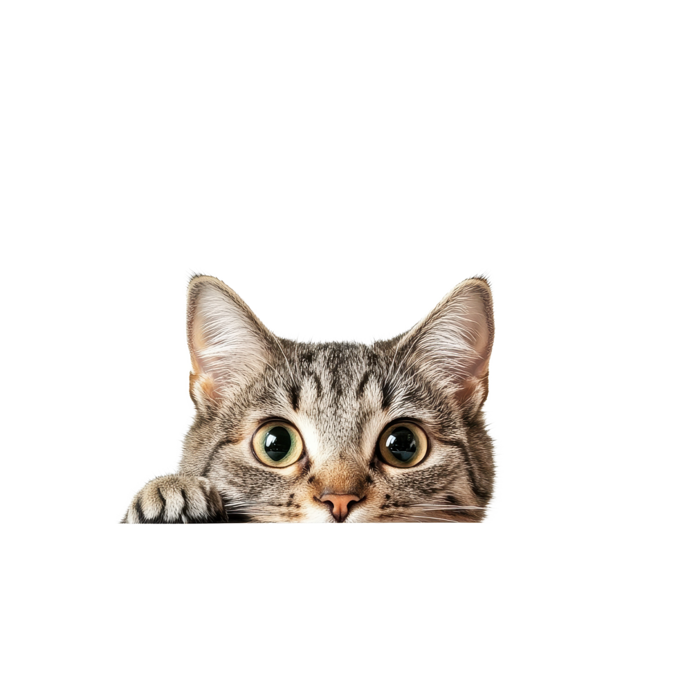Curious cat peeking over a white table against a bright background full of charm, Cat Peeking Over white top table White background png
