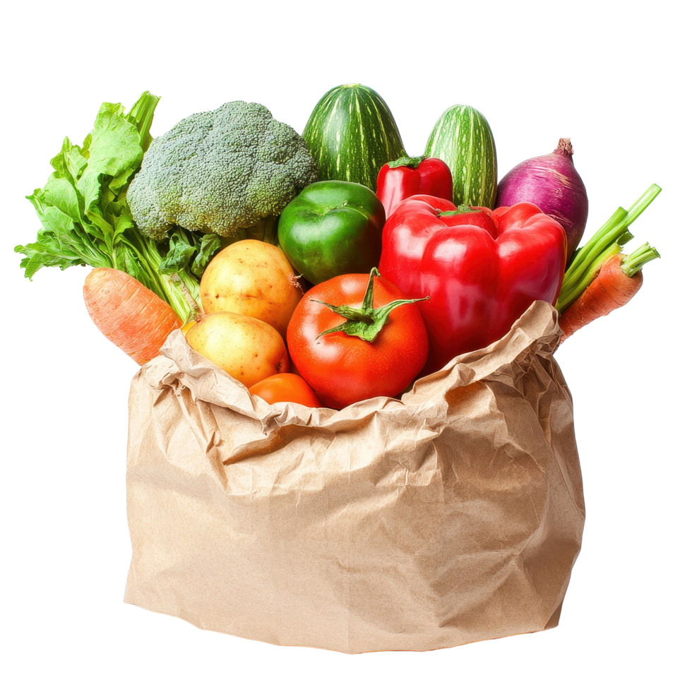 Fresh vegetables in a paper bag on a Transparent background ready for cooking or meal preparation, Vegetables in a paper bag isolated on background png