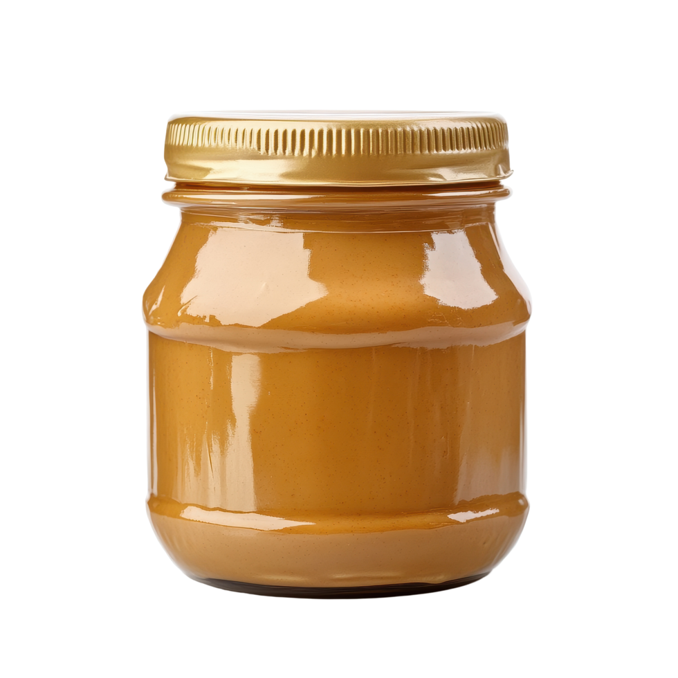 Jar of creamy peanut butter in a glass container on a Transparent background, Jar peanut butter isolated on background png