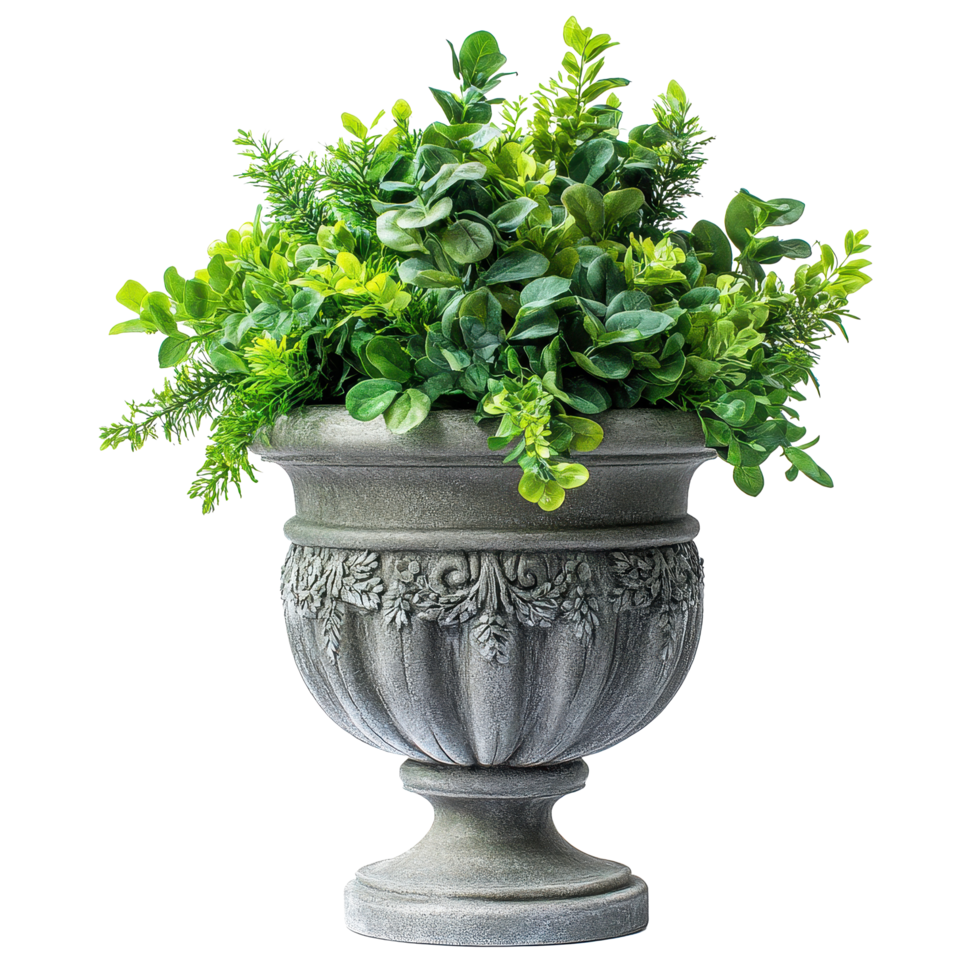 Garden urn planters filled with lush greenery creating an elegant decor focal point, garden urn planters with with lush greenery isolated on white background png