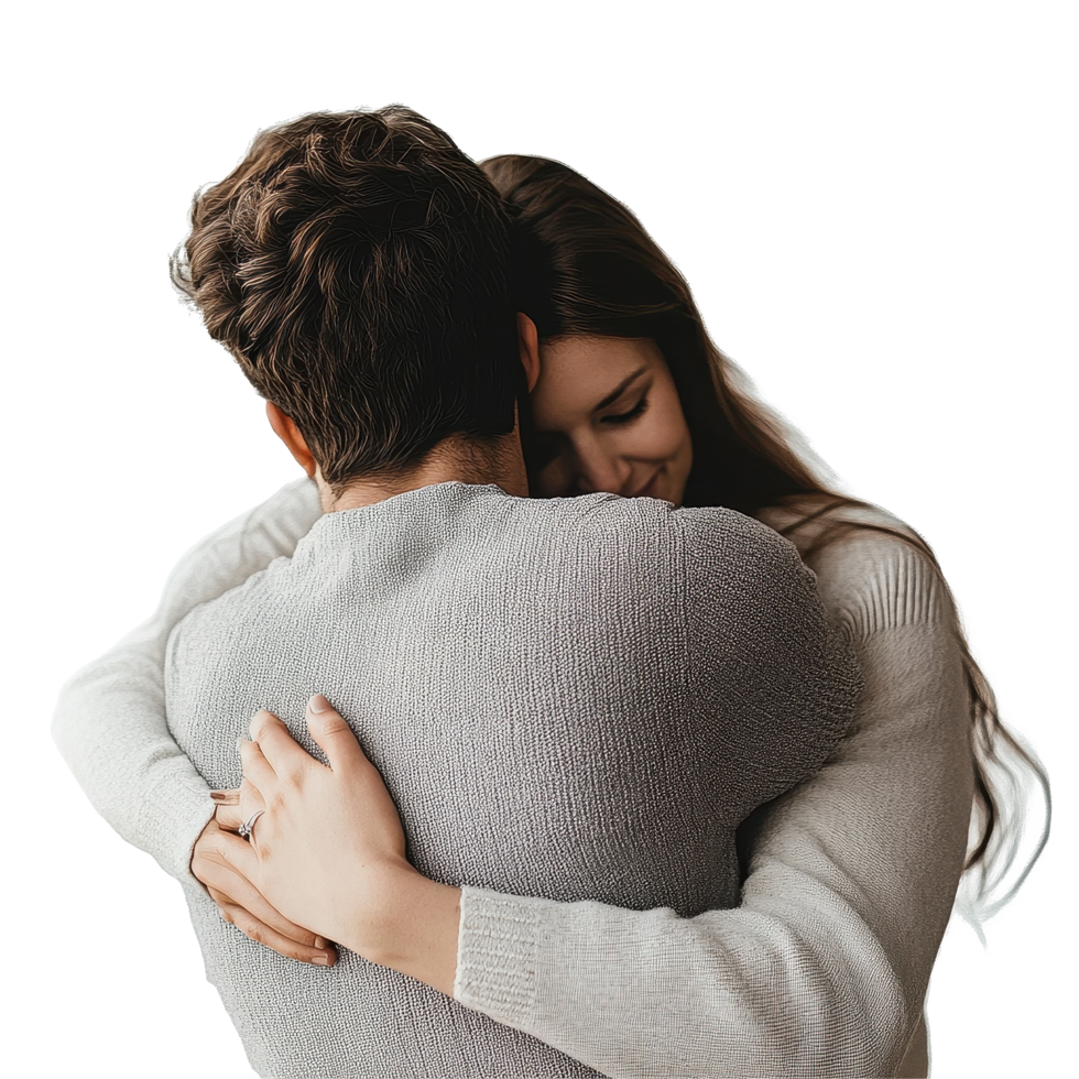 Loving couple sharing a tender hug from behind in a bright and cozy indoor setting, Loving Couple Hugging Back View, Tender Embrace Isolated on Transparent background png