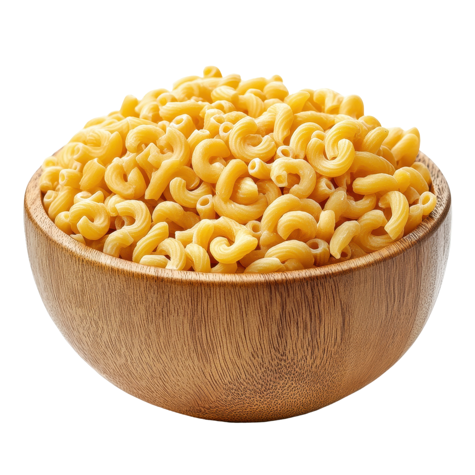 Raw macaroni piled high in a wooden bowl against a bright Transparent background, Pile of raw macaroni in wood bowl on background png