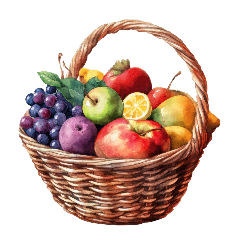 Colorful watercolor basket filled with fresh organic fruits including apples, grapes, and lemons for a healthy lifestyle, Fresh organic watercolor fresh fruits baskettransparent background png
