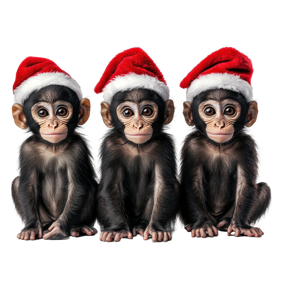 Cute monkeys in Christmas hats celebrate the holiday season against a Transparent background, Monkeys wearing a christmas hat on background png
