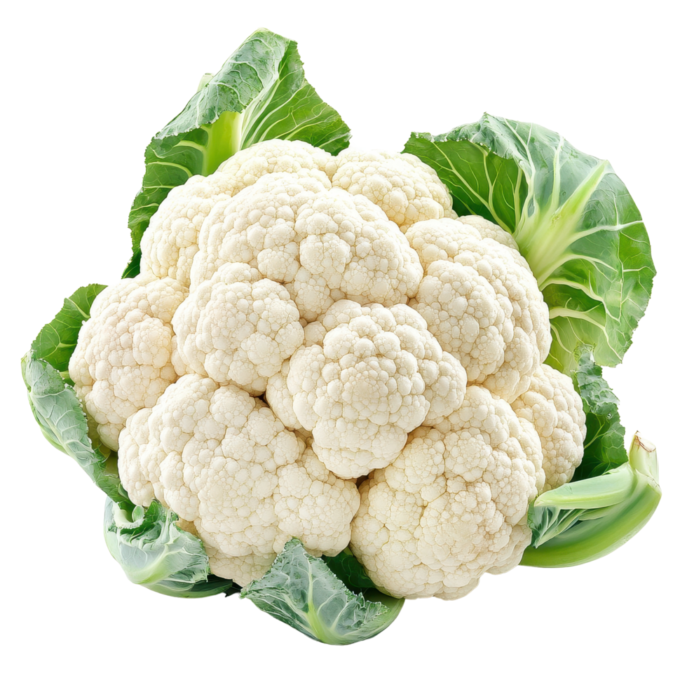 Fresh organic cauliflower surrounded by vibrant green leaves on a white background, Fresh organic cauliflower vegetables isolated on aisolated on white background png