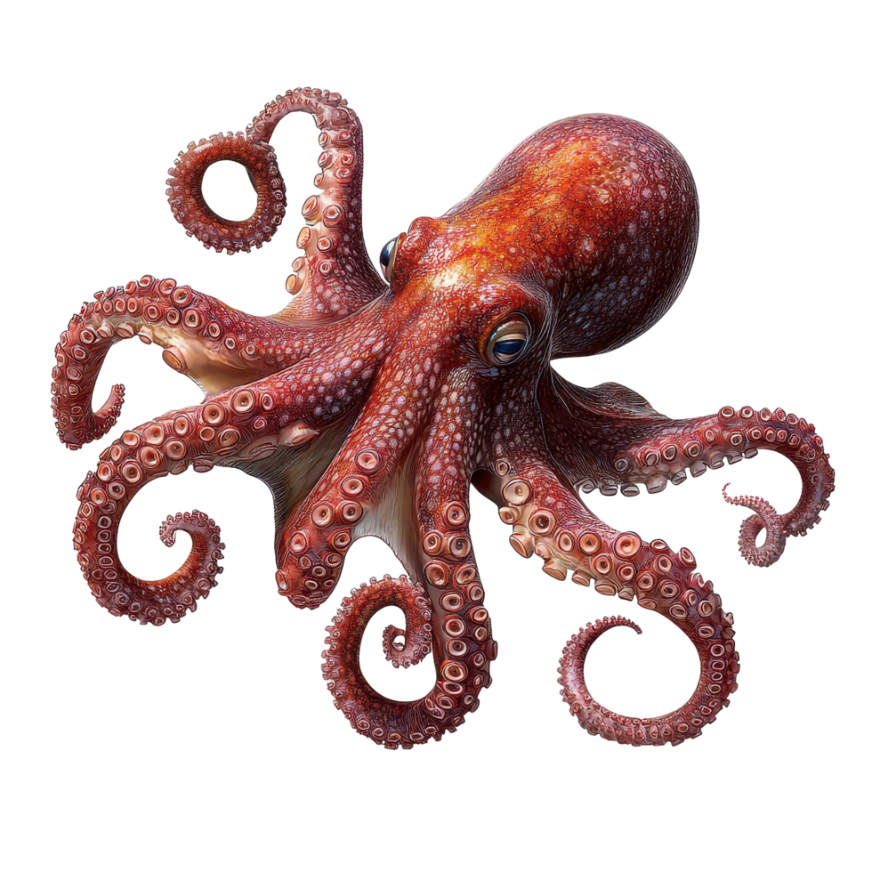 Realistic red octopus isolated on Transparent background showcasing intricate details of its tentacles and body, Red Octopus realistics Isolated on background png