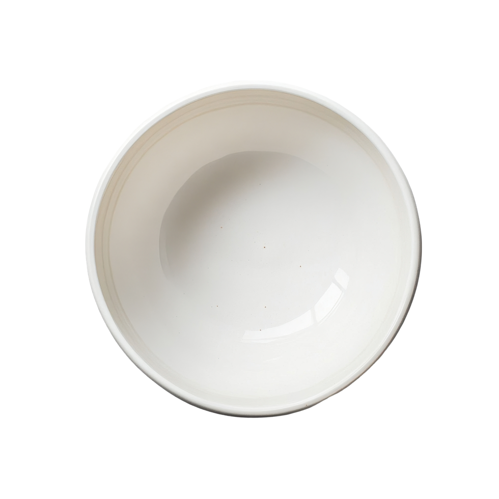 Top view of a white bowl on a clean white surface ideal for serving or displaying food, top view white bowl isolated on Transparent background png