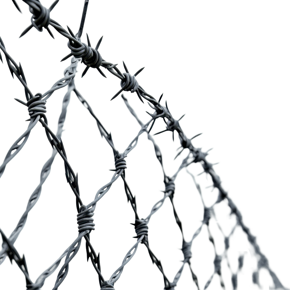 Steel barbed wire fence against a Transparent background with sharp points and twisted strands, Steel Barbed Wire Fence background png