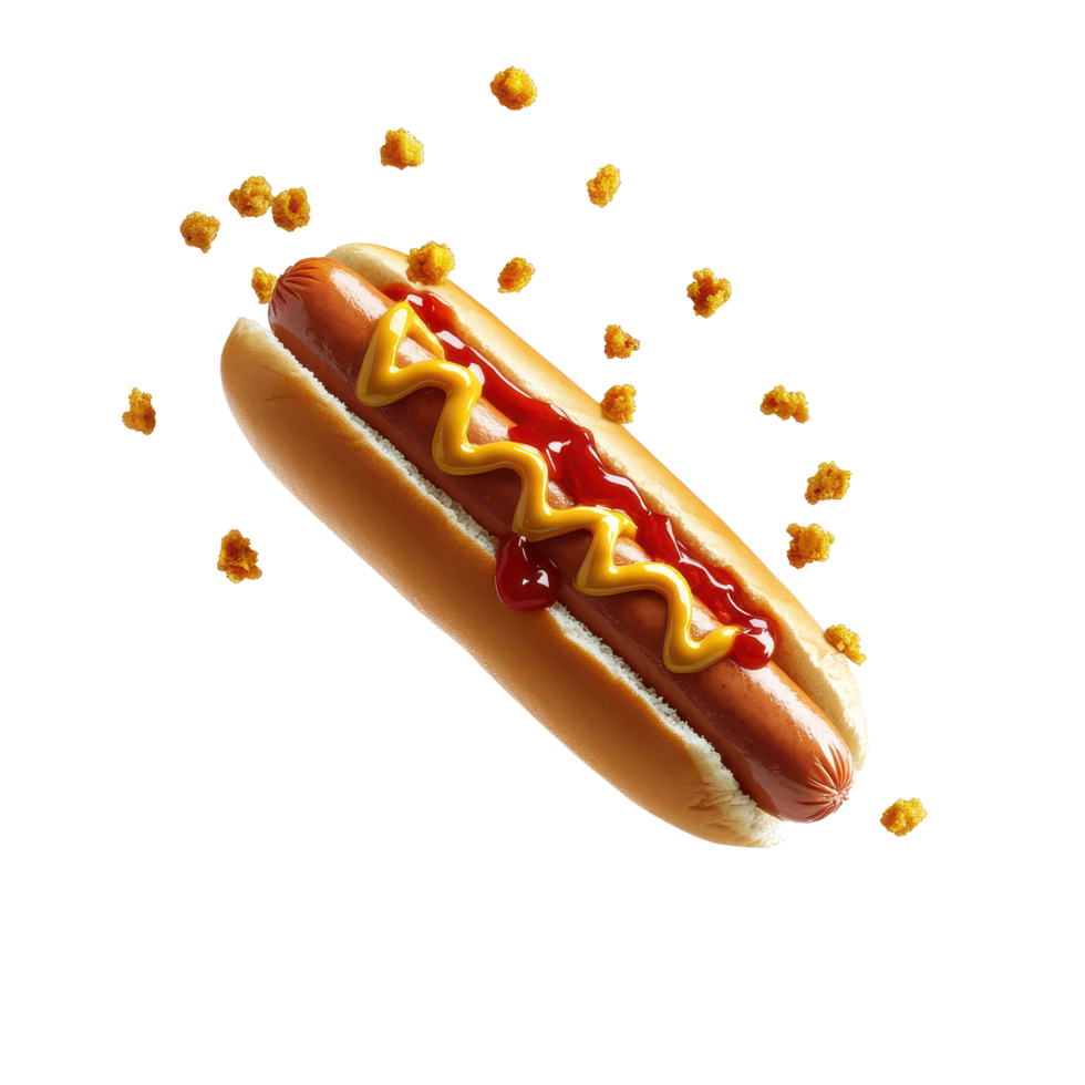 Hot dog with mustard and ketchup flying through the air surrounded by falling toppings, hot dog with mustard and ketchup flying through the air, white background png