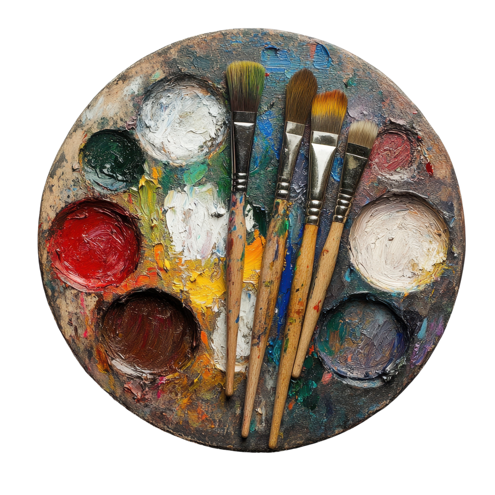 Colorful artist palette with paint brushes on a Transparent background for creative projects and inspiration, A Palette With paint brushes isolated on background png