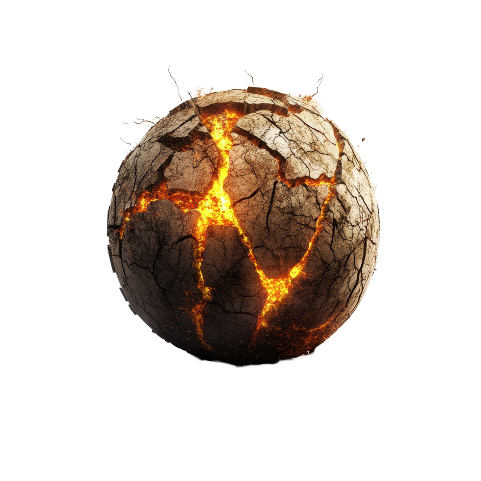 Crumbling earth ball reveals fiery cracks against a white backdrop in an abstract representation of destruction, Crumbling earth ball with fire cracks png