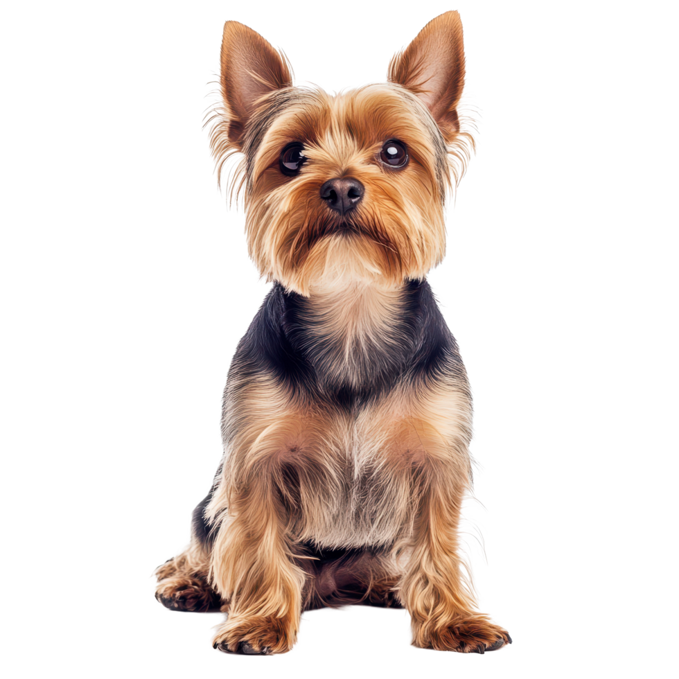 Yorkshire terrier sitting attentively in a bright indoor space, Yorkshire terrier dog sitting and looking at the camera and isolated on a Transparent background png