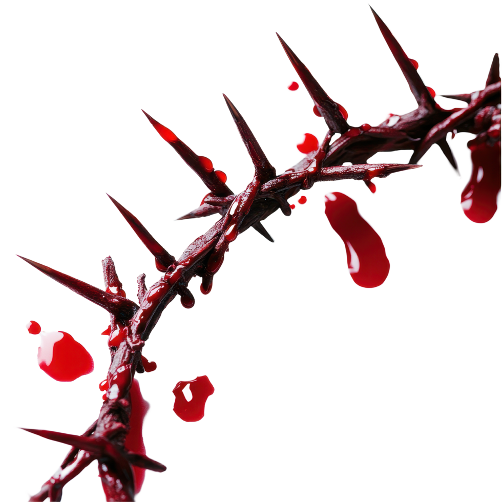 Blood drops on a crown of thorns representing Christian symbolism during Easter celebration, Metal nails, crown thorns, drops blood. Christian Easter holiday, Transparent background png