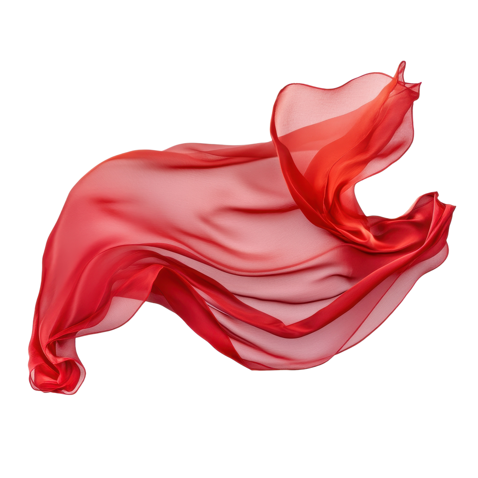 Red silk cloth gracefully flowing against a white backdrop showcasing elegance and movement, Red Silk Cloth in Motion On Transparent background png