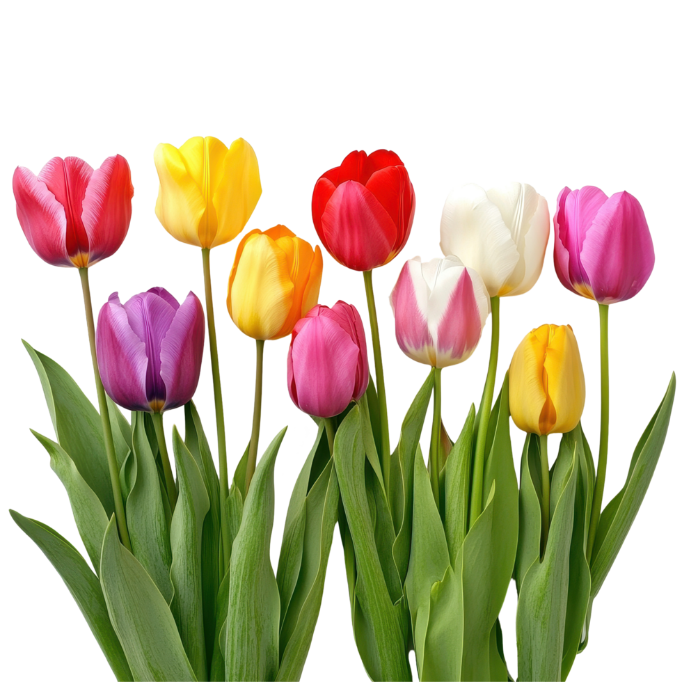 Colorful tulips arranged beautifully on a Transparent background showcasing spring blooms, Colorful Crayons isolated on background png