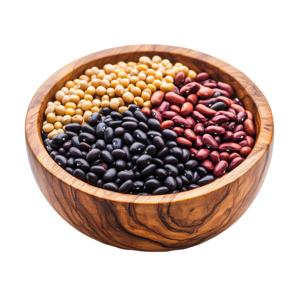 Variety of beans and legumes in a wooden bowl for healthy meal preparation and cooking, peanuts, black beans, mung beans, in wood bowl isolated on Transparent background png