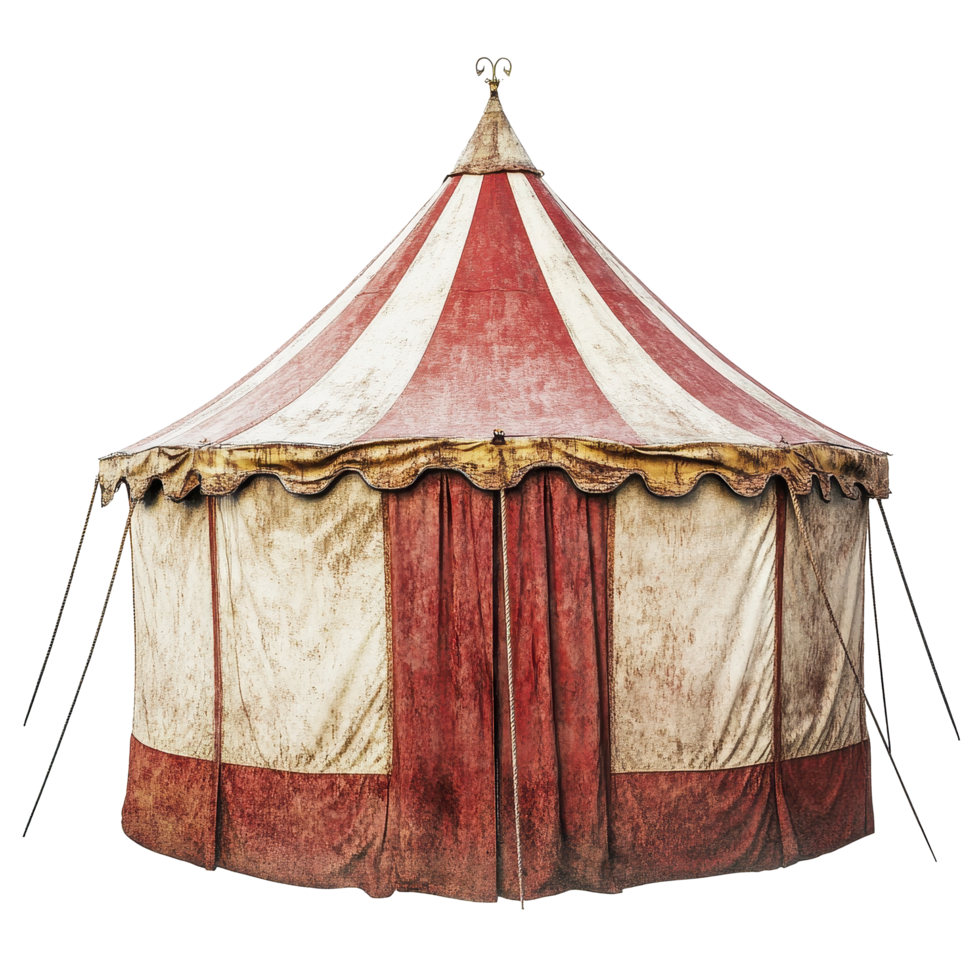 Vintage circus tent showcasing vibrant red and white colors on a clean background, Vintage Circus Tent on Transparent background png
