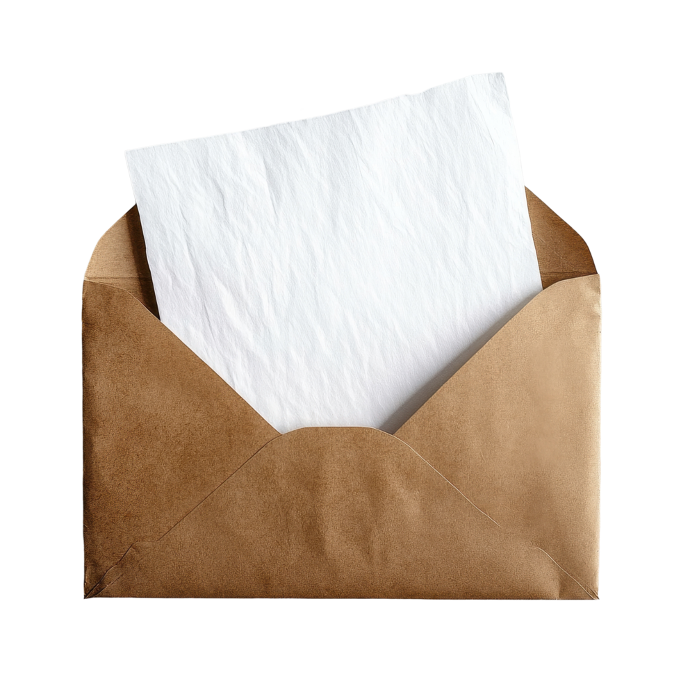 Padded envelope with white paper resting on marble surface with flowers in the background, Padded Envelope with White Paper png