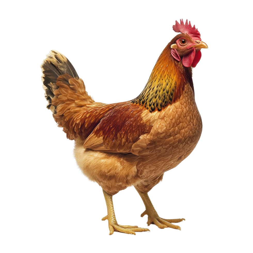 Lively chicken stands alone against a bright white background showcasing its vibrant feathers and stance, Chickenisolated on white background png
