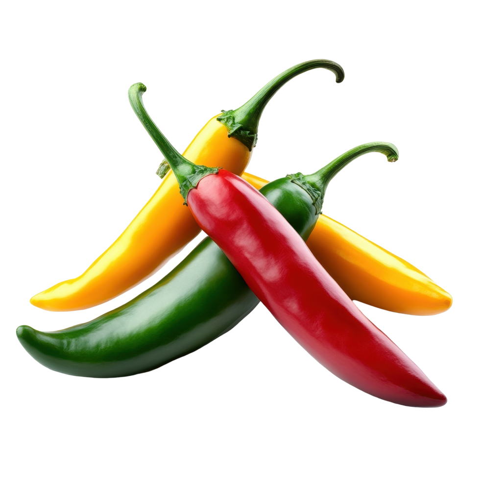 Vibrant red, green, and yellow peppers arranged artistically on a Transparent background for culinary presentation, Red green yellow pepper isolated on background png