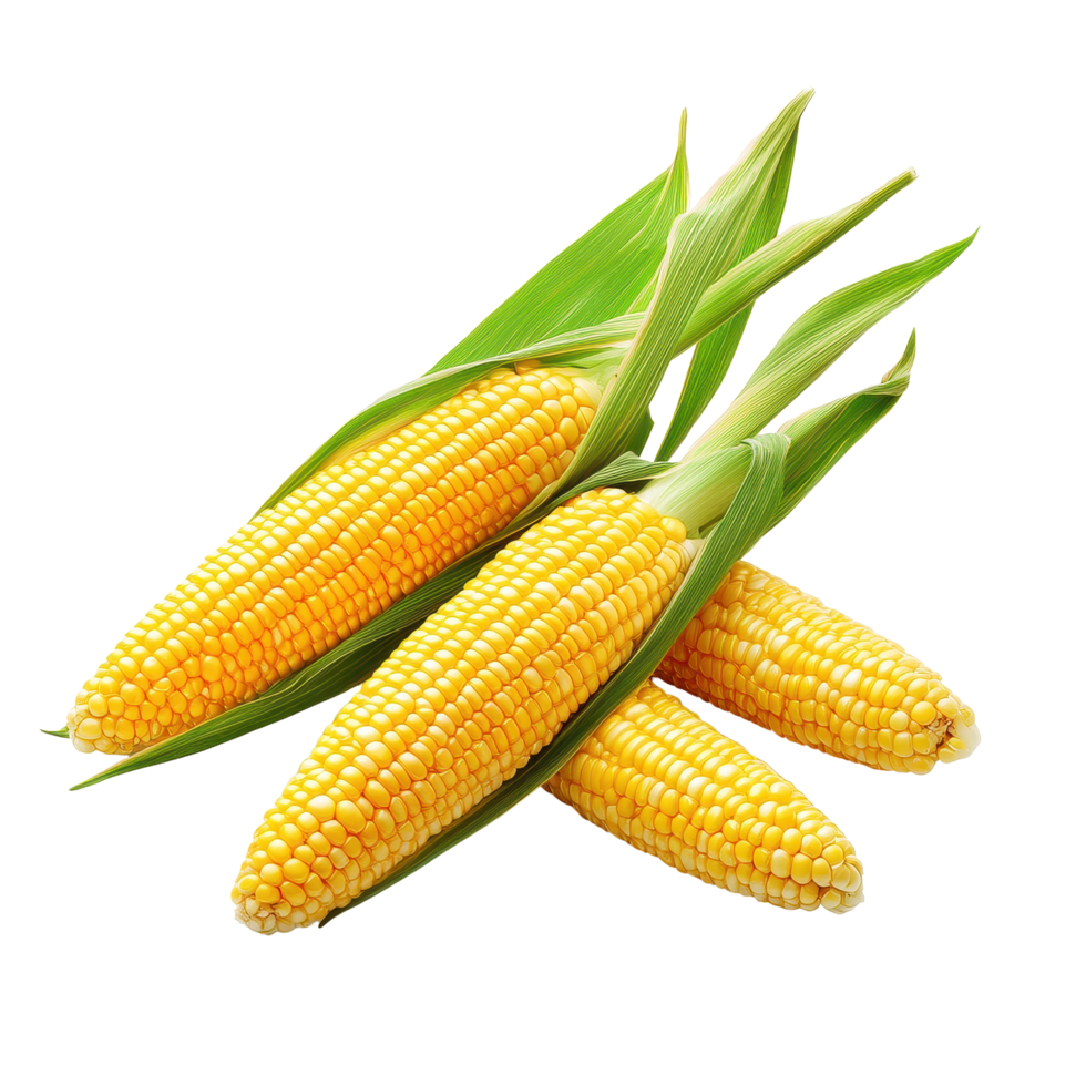 Fresh corn on the cob isolated on Transparent background showcasing vibrant yellow kernels and green husks, Corn isolated on background png
