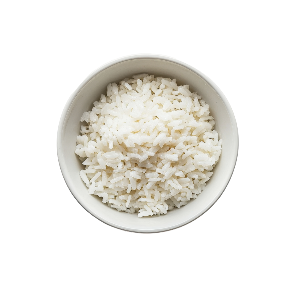White rice in a simple bowl against a clean Transparent background highlights simplicity and freshness, Rice in white bowl on background png