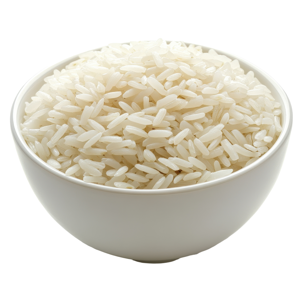 Bowl of uncooked white rice isolated on a clean Transparent background highlighting its texture and shape, rice in a white bowl isolated on background png
