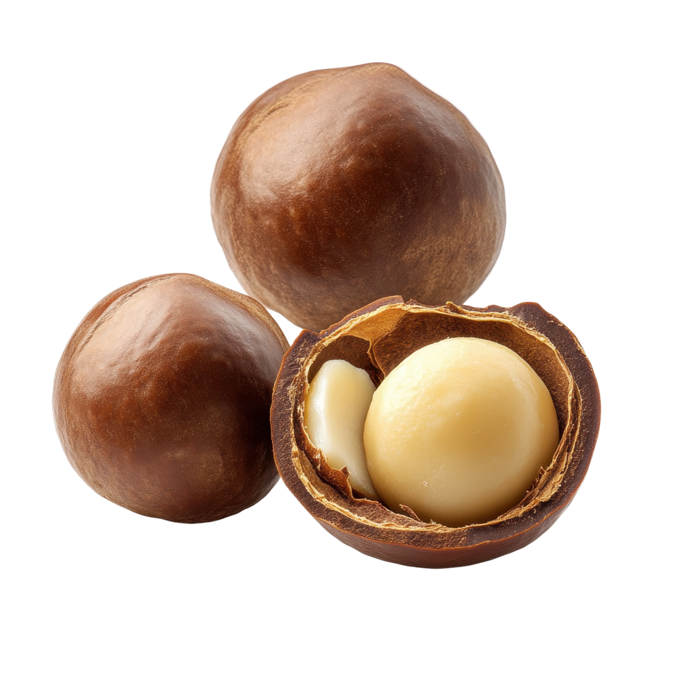 Close up view of macadamia nuts with one cracked open revealing creamy interior, macadamia nut isolated on Transparent background png
