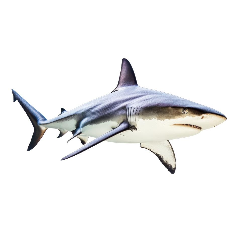 Shark swimming gracefully in clear water on a Transparent background showcasing its powerful physique and vibrant colors, Shark isolated on background png