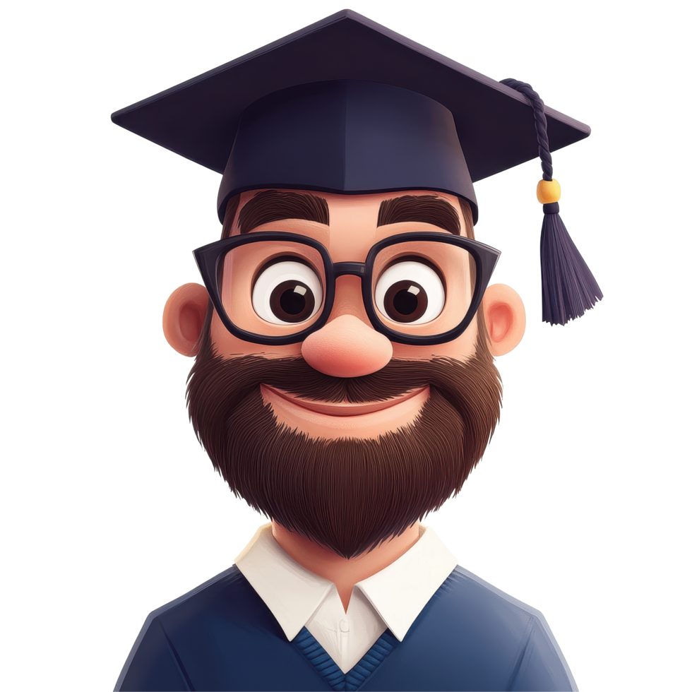 Cartoon character in graduation cap and glasses with a joyful expression celebrating academic achievement, Cartoon Character Face Graduate with Cap and Glasses on white background png