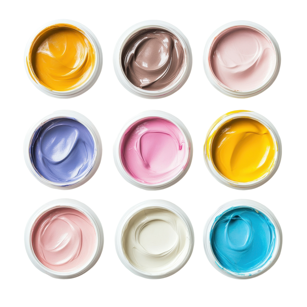 Colorful and creamy paint in round containers arranged in a grid pattern viewed from above, paint, cream in a round containers, top view, isolated on Transparent background png