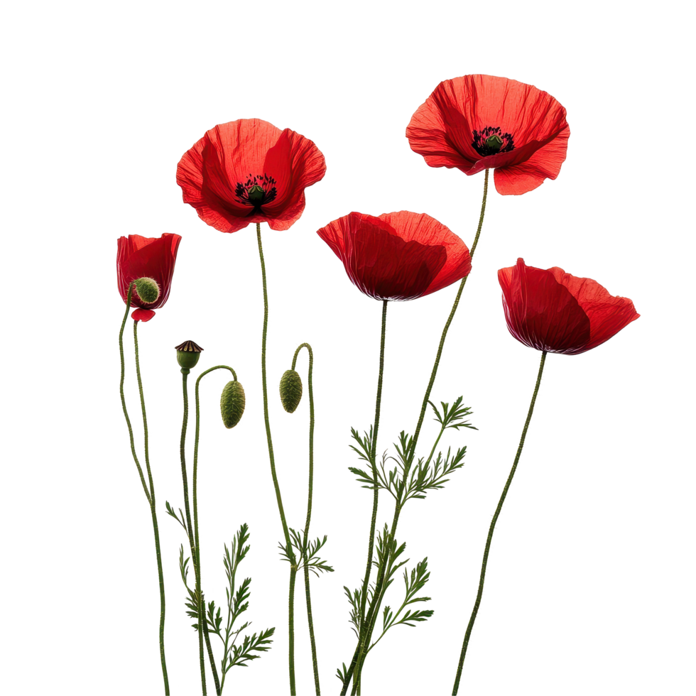 Vibrant poppy flowers in various stages of bloom isolated on a clean Transparent background, Red poppy flowers isolated on background png