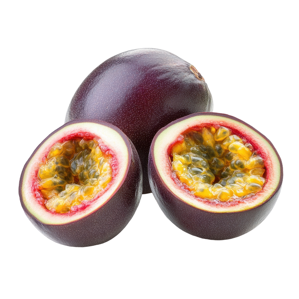 Passion fruit with vibrant yellow seeds and purple skin isolated on Transparent background, Passion fruit isolated on background png